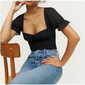 Reformation Delevan Slim Fit Puff Sleeve Lined Smocked Back Top Blouse Black 2